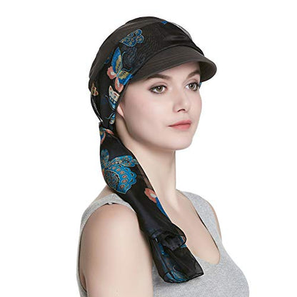 Alnorm Breathable Cotton Hat and Scarf Set Chemo Headwear for Women - color: Gray Butterflies