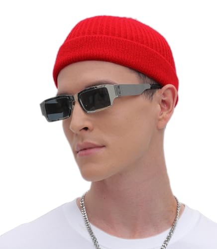 ROYBENS Thin Swag Wool Short Fisherman Beanie for Men Women Knit Winter Hat - color: 1pcs-red