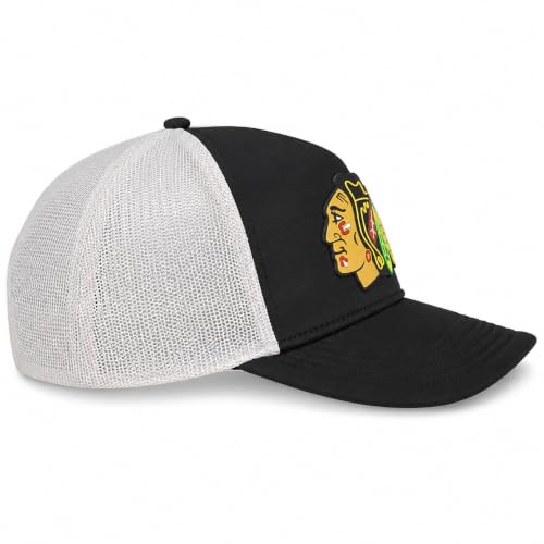 AMERICAN NEEDLE Valin Officially Licensed NHL Hockey Team Adjustable Snapback Baseball Trucker Hat, Valin Collection - color: Riptide Valin Ivory/Black (Chicago Blackhawks)