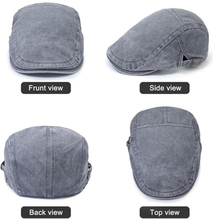 Initlove Mens Newsboy Cap Washed Beret Ivy Hat Flat Hats for Cabbie Driving - color: Black + Grey