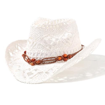 AQOKKA Straw Cowboy Hats for Women Men Western Cowgirl Hats with Shapeable Brim Woven Hollow Out Unisex Beach Roll Up Caps - color: Brown Beads Cowboy Hat : White