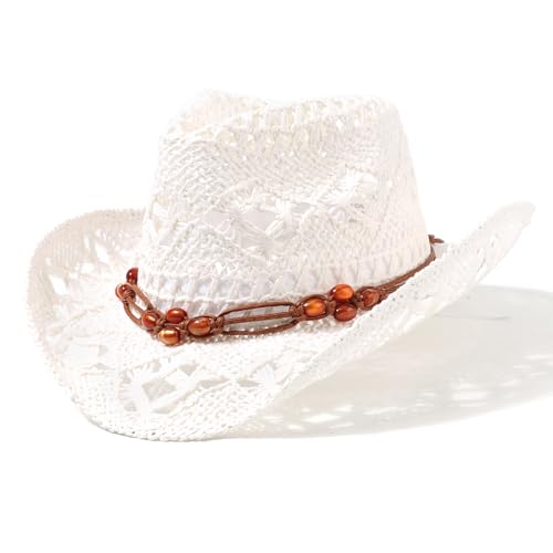AQOKKA Straw Cowboy Hats for Women Men Western Cowgirl Hats with Shapeable Brim Woven Hollow Out Unisex Beach Roll Up Caps - color: Brown Beads Cowboy Hat : White