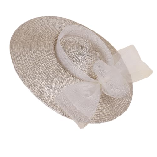 HIMESPORT Straw Cocktail Fascinators Hat for Women Ladies Wide Brim Church Wedding Bride Derby Tea Party Hats with Mesh Bow - color: Champagne
