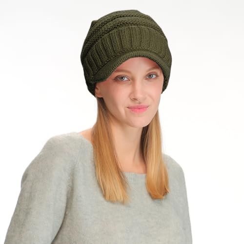 C.C Trendy Warm Oversized Chunky Soft Oversized Ribbed Slouchy Knit Hat with Visor Brim - color: Dark Olive Green