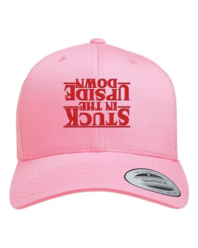 Go All Out Stuck in The Upside Down Dad Deluxe Trucker Flatbill Baseball Structured Embroidered Hat - color: Pink