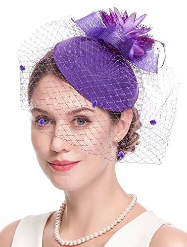 Fascinator Hats for Women 20s 50s Vintage Pillbox Hat Kentucky Derby Fascinators Flower Veil Wedding Tea Party Hat - color: 1-purple