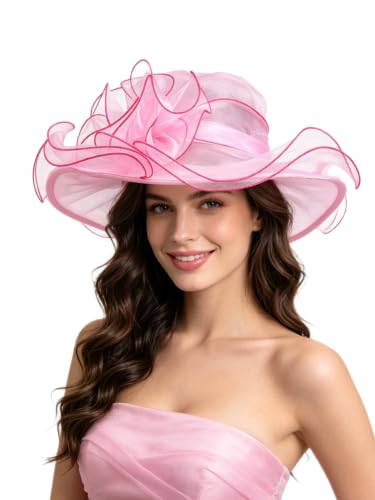 SAFERIN Women's Organza Church Fascinator Bridal Tea Party Wedding Hat - color: Tz-pink Rose Red