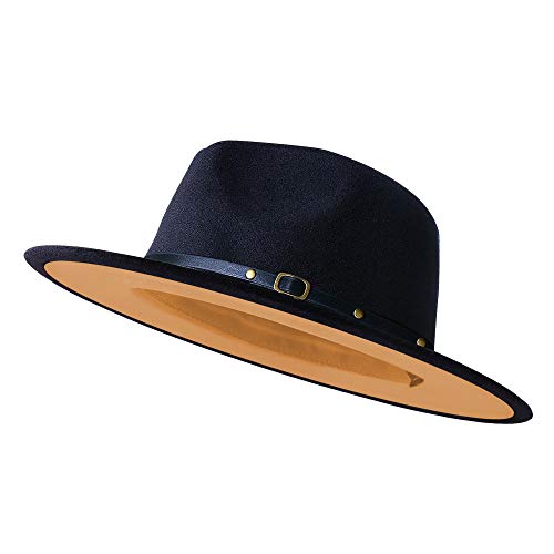 Wide Brim Fedora Hats for Women Men Two Tone Dress Hat Felt Panama Hat in Two Audlt Size - color: Black & Camel, size: Small-Medium