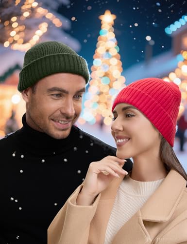 vidsel 50% Wool Double Cuff Beanie Hat for Men Women, Warm Winter Knit Cap - color: Red