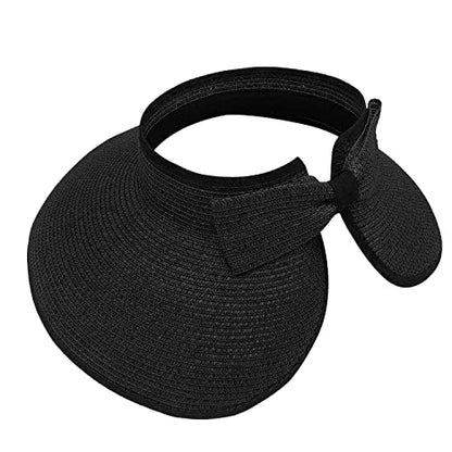 DOOVID Womens Summer Straw Hats Wide Brim Sun Hat UV Protection Visor Foldable Beach Hat for Women - color: Black