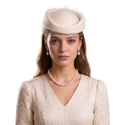 Wool Felt Vintage Beret Wedding Top Hats for Women Elegant Church Fedoras with Veil Ladies Cap Autumn Winter - color: White