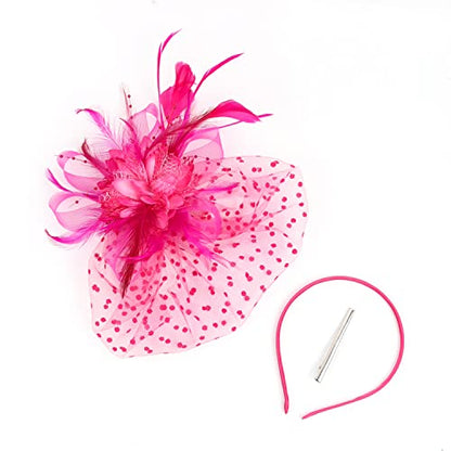 Fascinators Hat Feather Headband Women's Fascinators Tea Party Headwear with Clip Derby Hat for Girls and Women - color: 1 Rose Red
