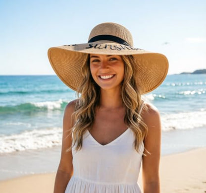 DRESHOW Big Straw Sun Hats for Women Floppy Foldable Roll up Beach Cap Sun Hat UPF 50+ Vacation Honeymoon Embroidered Hat - color: Ae Hello Sunshine: Khaki