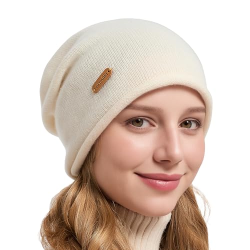 ACUSHLA 100% Merino Wool Slouchy Beanie for Women Men Winter Hat Skull Cap - color: Creamy White