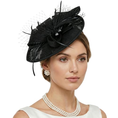 DRESHOW Fascinators Hats for Women Tea Party Hat Vintage Derby Pillbox Kentucky Hat Church Cocktail Headwear - color: 9.5" Diameter / Black