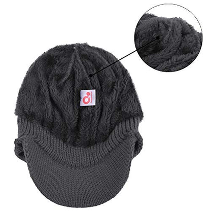 Women's Winter Cable Knitted Visor Beanie Fleece Lining Ear Flap Baseball Cap Hunting Trapper Hat with Billed - color: Dark Grey