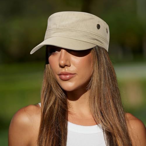 Unisex Classic Cadet Army Hat Flat Top Baseball Cap Military Hats - color: Beige