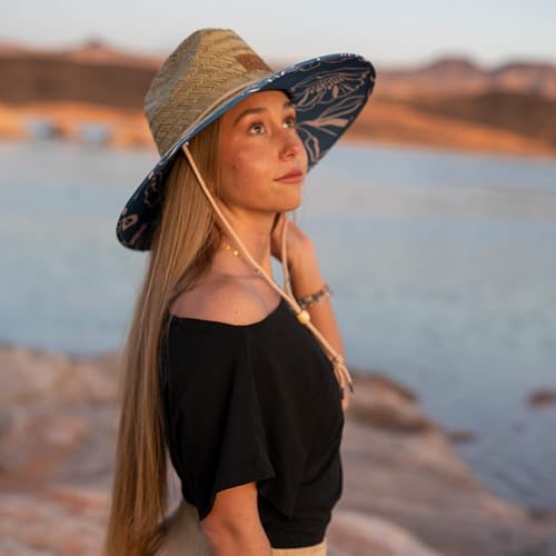 Women's Wide Brim Straw Sun Hat for Beach, Lifeguard Style, Hand-Woven Rush & Mat, Adjustable Chin Drawstring - color: The Emery