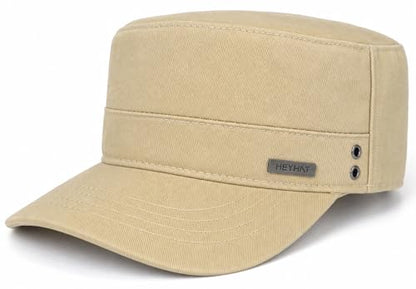 Unisex Flat Top Military Cadet Cap Outdoor Sun Hat - color: Square Label Khaki