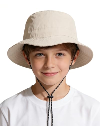 Kids UPF 50+ Waterproof Sun Hat, Packable Wide Brim Bucket Hat - color: Beige
