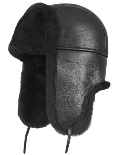 Leather Aviator Shearling Ushanka Trapper Hat Russian Sheepskin Cap Real Fur Winter Hat with Ear Flaps for Men Women - color: Solid Black, size: X-Large