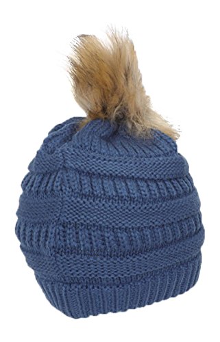 Gravity Threads Cable Knit Faux Fur Pom Pom Beanie Hat - color: Dark Denim