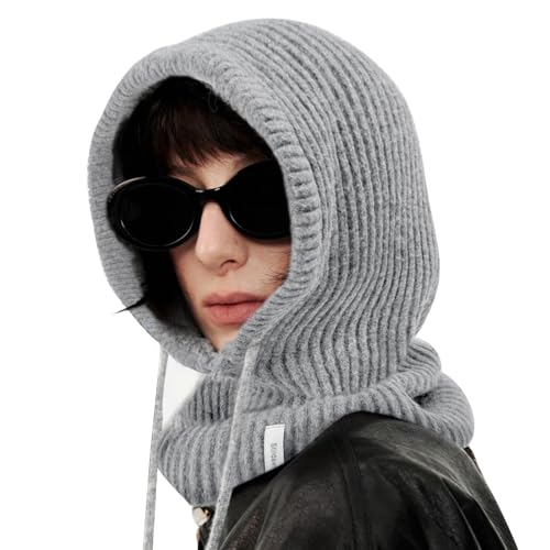 Stilldawn Hooded Scarf Beanie for Women&Men,Balaclava Winter Hat,Knit Skull Cap Neck Gaiter,Warm Premium Polyester Scarf Hat - color: Light Grey