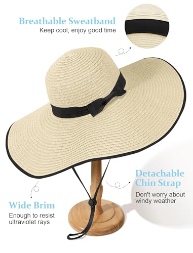 Floppy Sun Hats for Women, Summer Wide Brim Straw Beach Hat - color: Beige Black, size: Large