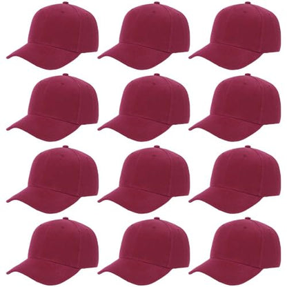 ZH Plain Adjustable Baseball Cap - Lot of 12 Unisex Blank Design Caps - color: Wine Red