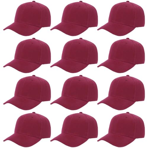 ZH Plain Adjustable Baseball Cap - Lot of 12 Unisex Blank Design Caps - color: Wine Red