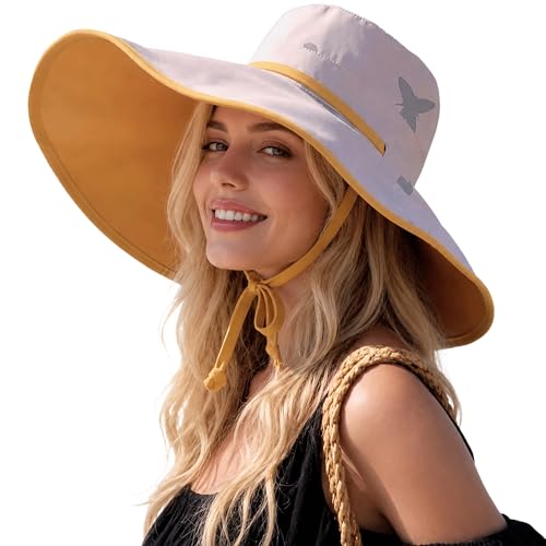 HUAMULAN Women Summer Vacation Wide Brim Sun Hat Reversible Fishing Hats - color: Beige Yellow With Butterfly