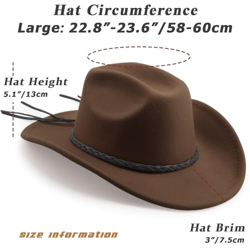 DRESHOW Western Cowboy Hat for Men Women Cowboy Cowgirl Hat Outdoor Wide Brim Retro Felt Fedora Hats Unisex Rolled up Caps - color: 1 Pack Style 8: Coffee