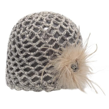 ZLYC Women Crochet Beanie Hat Summer Handmade Knit Decorated Skull Cap - color: Feather Khaki Mixed Gray
