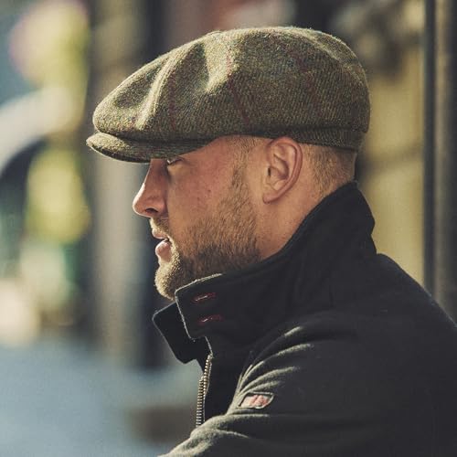 Sterkowski Shelby | 100% Harris Tweed Newsboy Cap for Men | 8 Panel Peaky Style Hat - color: Green/Red Check, size: 7