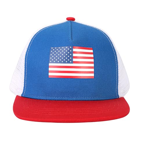 BROMZ Kids Youth American Flag Trucker Hat Flat Bill, Breathable Mesh Back Snapback Baseball Cap for Boys Girls 5-15 Years - color: Blue/Red/Us Flag