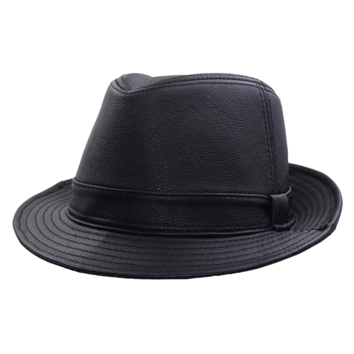 Vintage Cowhide Jazz Hats Classic Leather Fedora Hat - color: Black, size: Medium