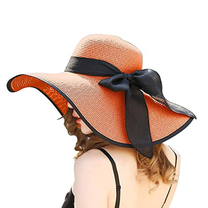 FSIGOM Women's Folable Floppy Hat,Wide Brim Sun Protection Straw Hat, Summer UV Protection Beach Cap - color: C1-e-orange, size: Medium
