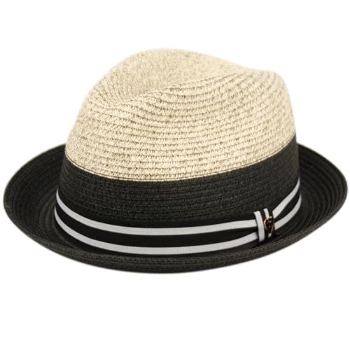 Two Tone Straw Trilby Fedora Hat for Men Women – Lightweight Summer Beach Hat with Stripe Band - color: Black, size: Large-X-Large
