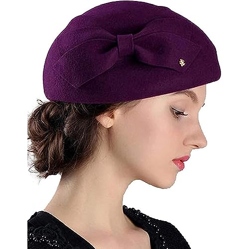 Women Vintage Bowknot Berets with Beading Autumn Winter French Artist Hat Painter Hats Female Bowler Hat Warm Cap - color: Purple