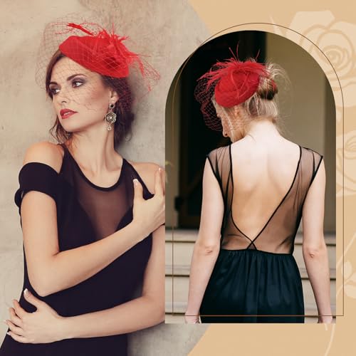 Fascinator Hat Veil Feather Fascinator Tea Party Bridal Wedding Veil Retro Hat Pillbox Hat - color: Red