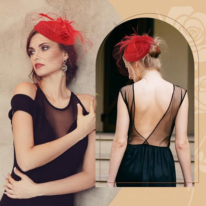 Fascinator Hat Veil Feather Fascinator Tea Party Bridal Wedding Veil Retro Hat Pillbox Hat - color: Red