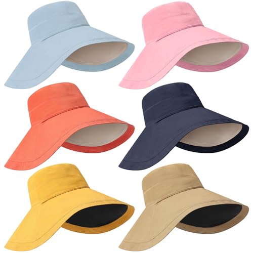 Jeyiour 6 Pcs Women Wide Brim Sun Hat Reversible Beach Bucket Hats Floppy Foldable Cotton Hats for UV Protection Summer Outdoor Travel Fishing