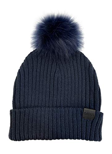 Women's Slouchy Winter Beanie Hat with Removable Faux Fur Pom - color: Navy/Navy Pom