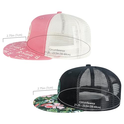BASSDASH 2 Pack Flat Brim Trucker Cap Adjustable Snapback Hat Mesh Back for Men Women Fishing Hunting - color: Pack of 2, Pink & Black/Tropical Flower