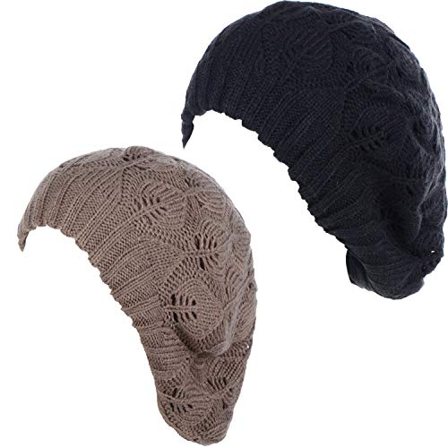 BYOS Women Mid-Weight Slouchy Leafy Cutout Crochet Soft Knit French Beret Hat - color: 2-pack-deep Taupe & Bk