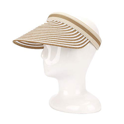 Women Summer Sun Hat Lady's Portable Beach Visor Bowknot Straw Hat - color: Khaki Stripe