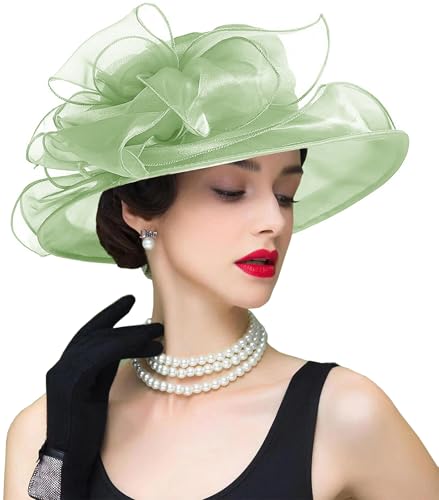 Women's Kentucky Derby Church Dress Hat Wide Brim Leaf Flower Bridal Shower Hat - color: S11-mint Green