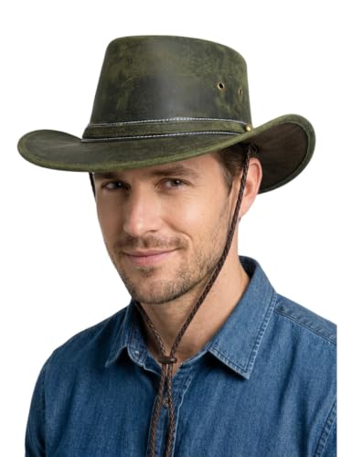 HADZAM Leather Cowboy hat Shapeable into Outback hat, Australian Hats for Men & Women - color: Green, size: Small