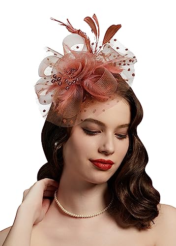 Fascinators Hat for Women Tea Party Headband Kentucky Derby Wedding Flower Cocktail Mesh Feathers Hair Clip - color: 1-coffee