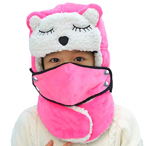 Cute Kids Winter Hat Baby Boy Girl Windproof Ski Mask Balaclava Trapper Cap Fur Fleece Warm Earflap Beanie Snow Hat - color: Pink